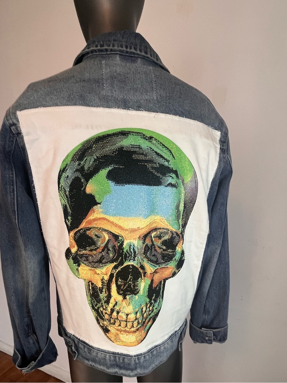 Men’s Denim Jacket with Colorful Skull Back Graphic